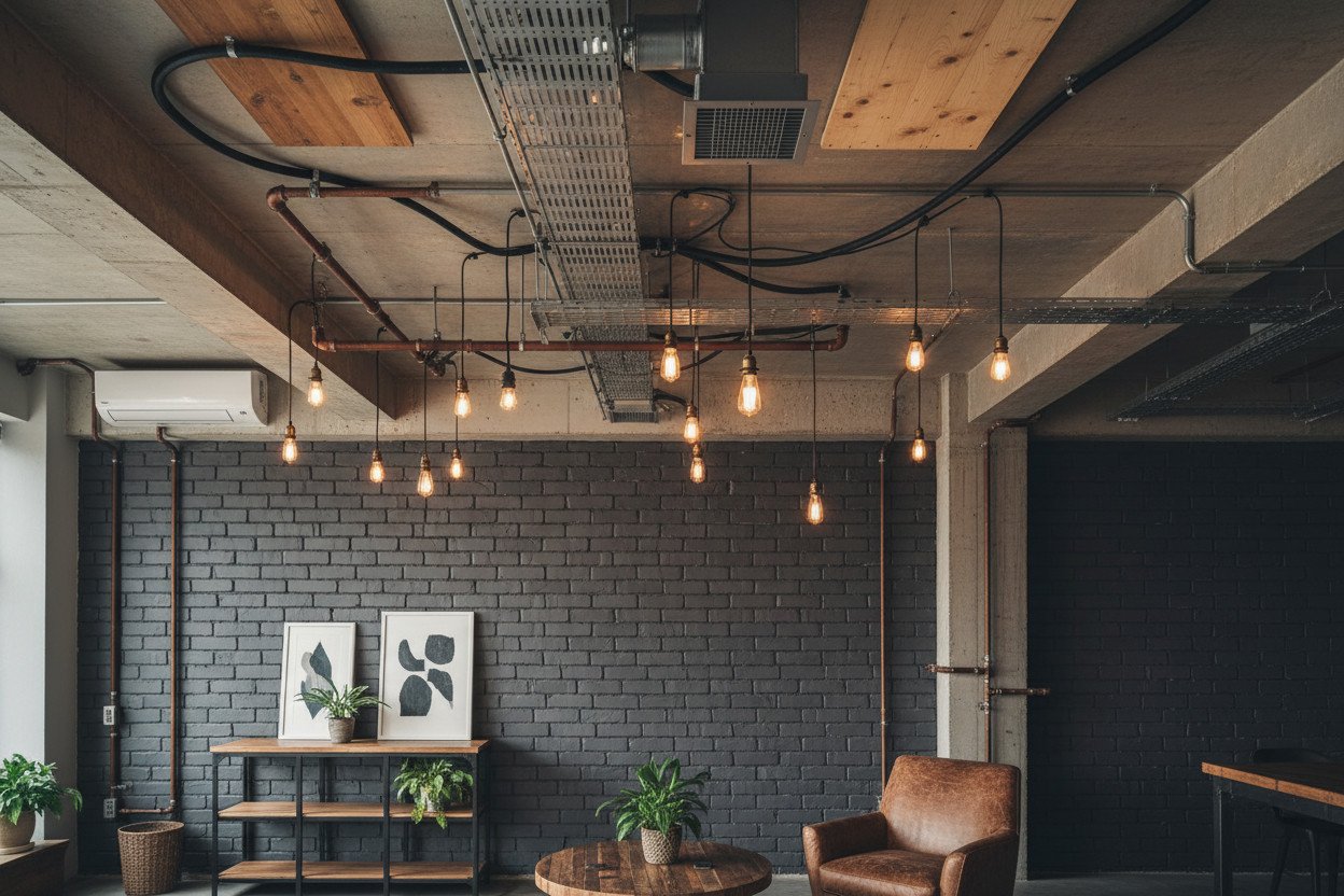 Strop, rury i instalacje — gdy niedoskonałość staje się dekoracją